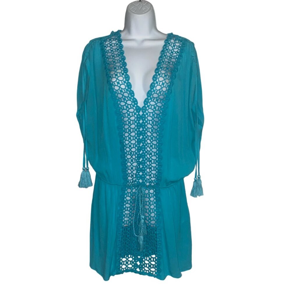 Sz.S*VENUS*Gauzy Turquoise-Colored Lacy Drawstring Waist Cover-Up/Dress